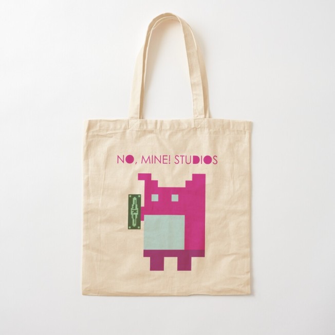 Cotton tote bag with illustration of pink character holding a green paper money bill. No, Mine! Studios logo above head of character.